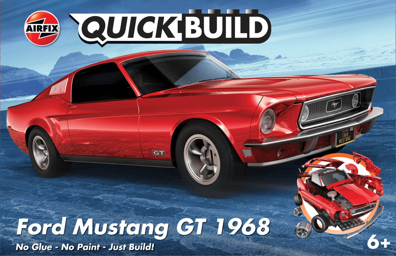Czerwony Ford Mustang GT z 1968 roku w zestawie Quick Build, z częściami modelu na pierwszym planie.