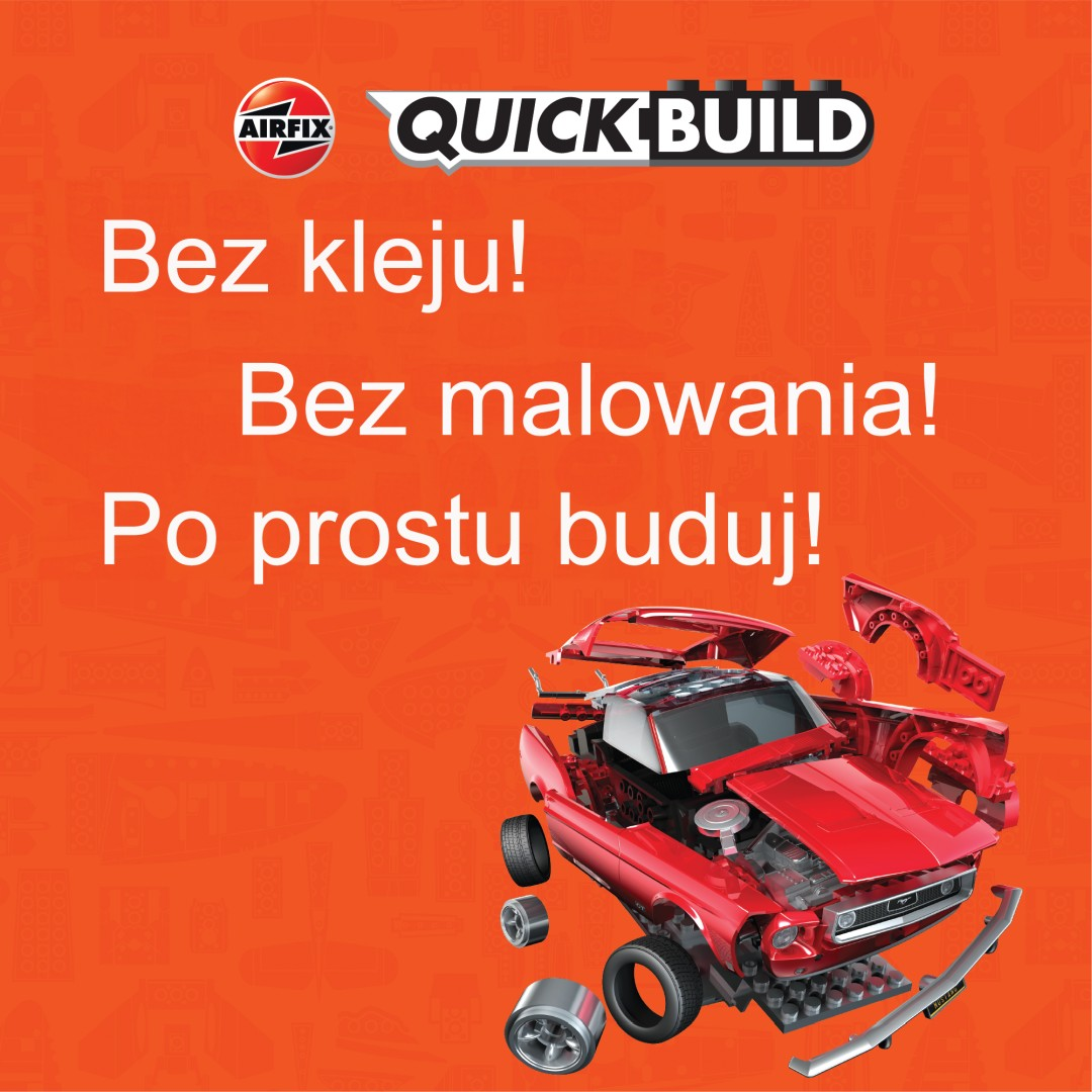 Rozłożony czerwony model samochodu z oponami i kołami. Tekst nad autem.