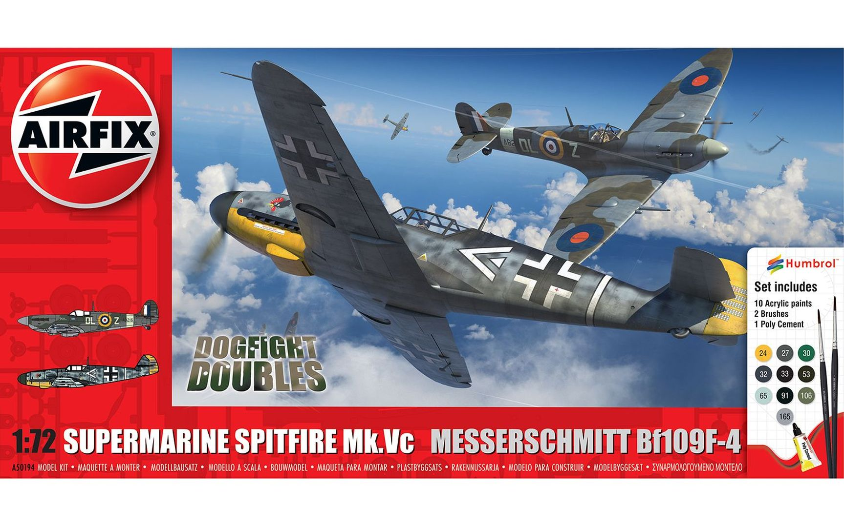 Dwa samoloty w walce powietrznej, Messerschmitt i Spitfire, z akcesoriami.