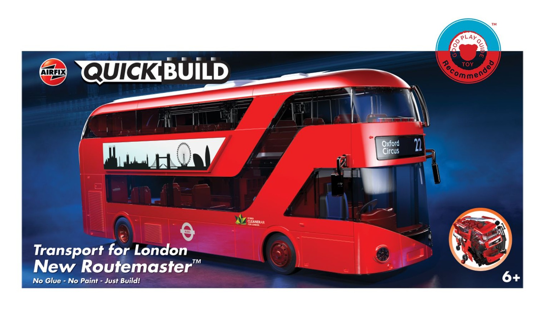 Czerwony model autobusu piętrowego Airfix Quick Build z grafiką londyńskiego nieba.