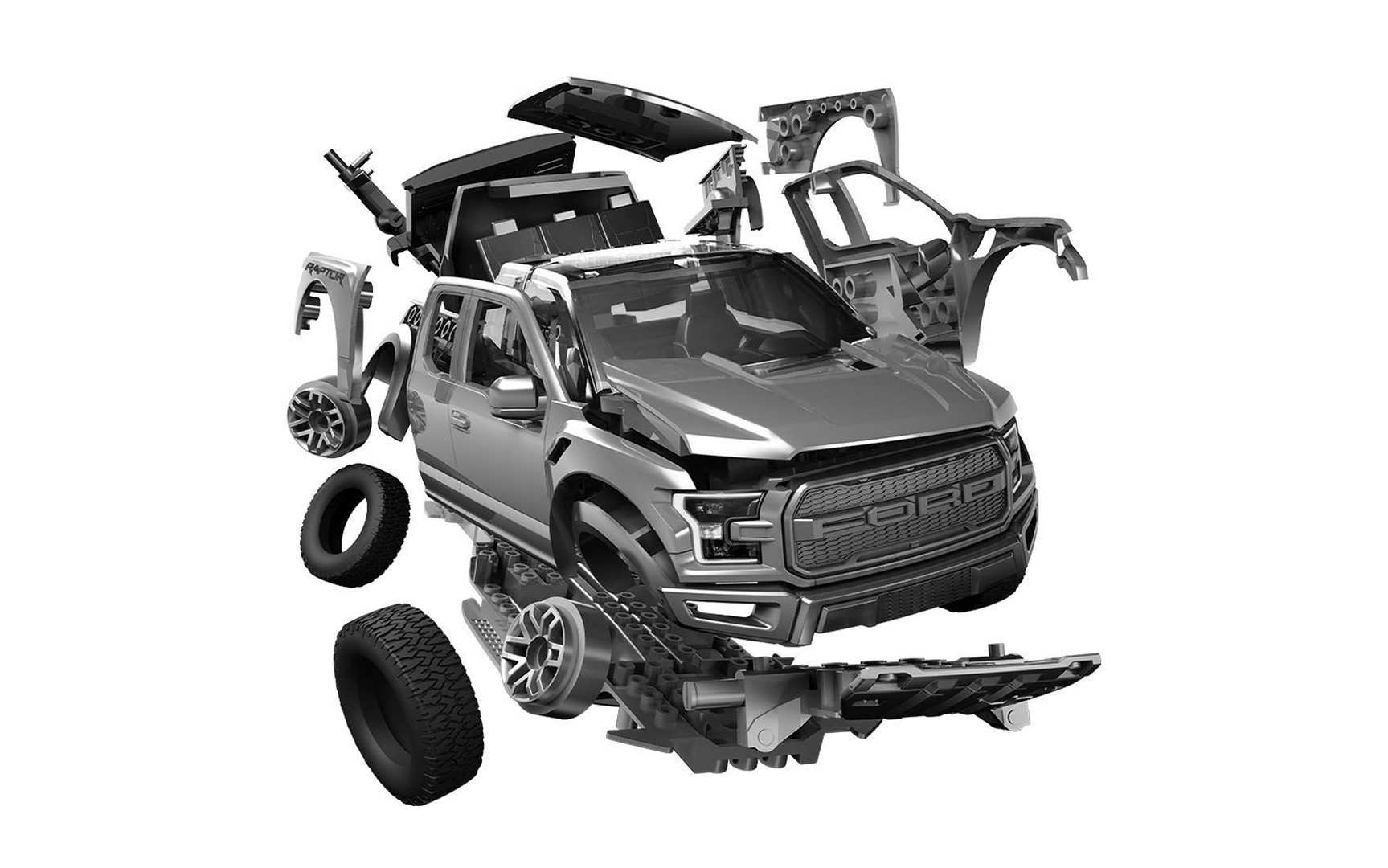 Srebrny Ford F-150 Raptor pokazany w rozłożonych częściach.
