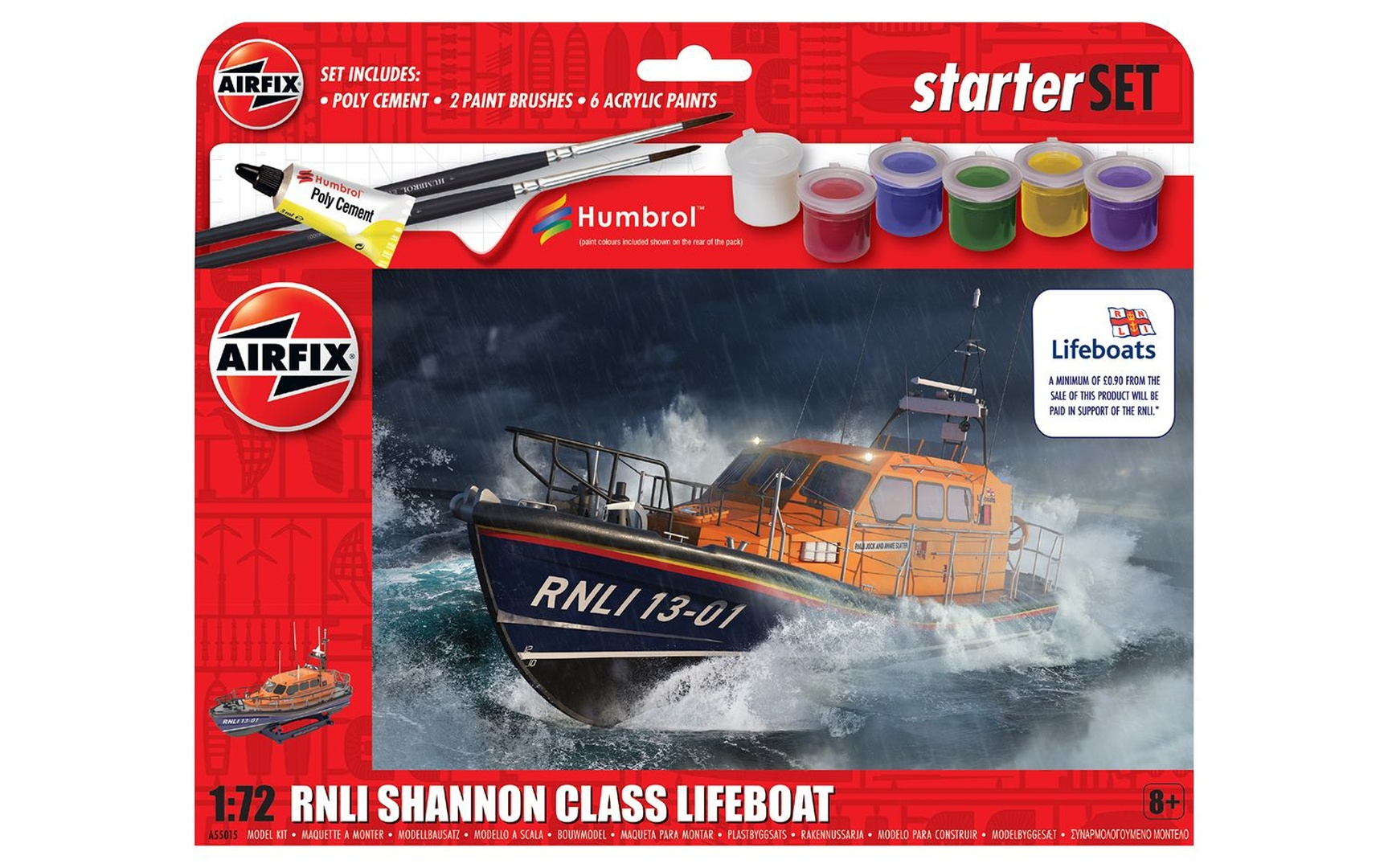 Pudełko zestawu startowego Airfix przedstawia model łodzi ratowniczej RNLI Shannon Class w skali 1:72 na wzburzonym morzu.
