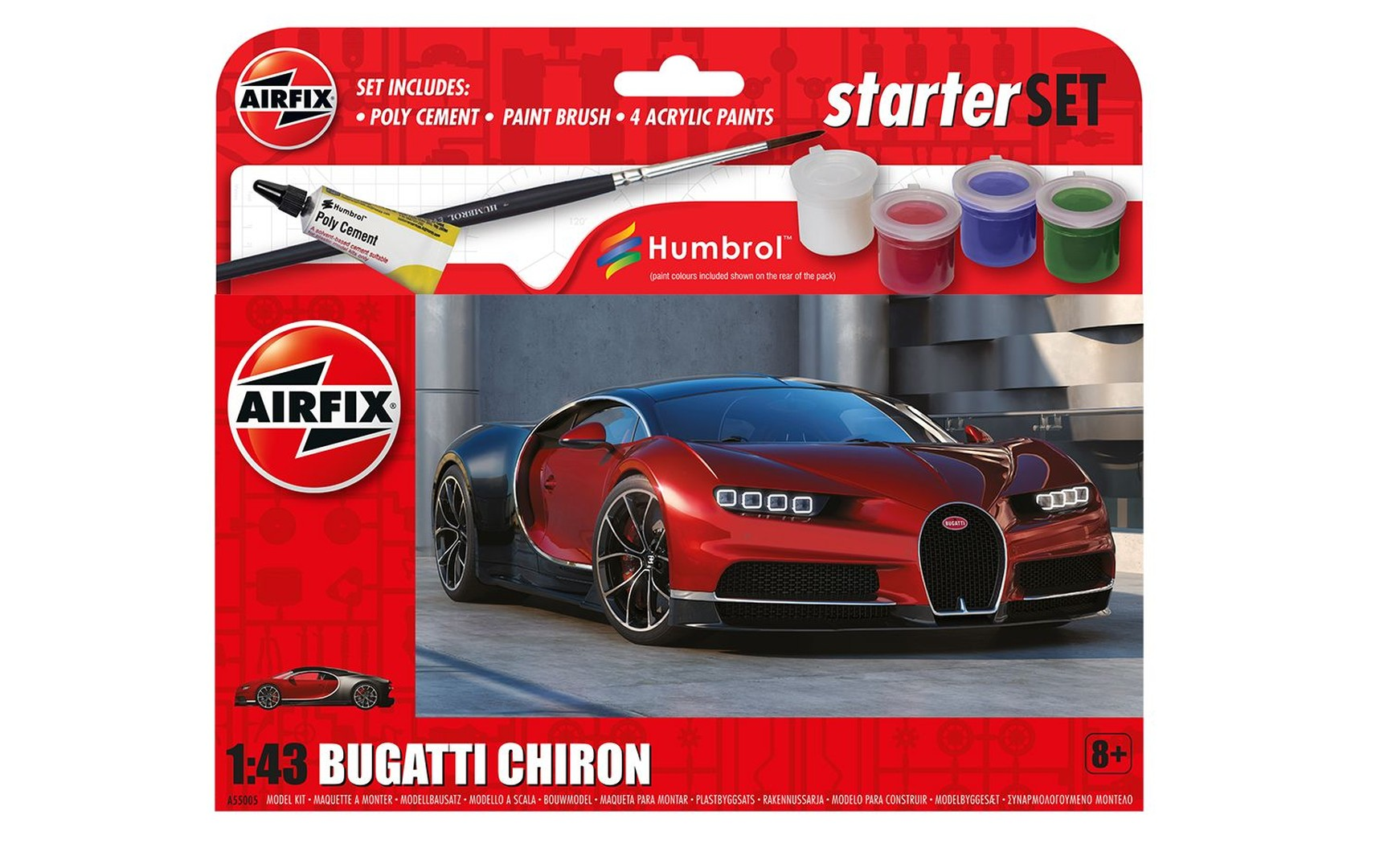 Zestaw modelarski Airfix 1:43 Bugatti Chiron z cementem, pędzlem i farbami.