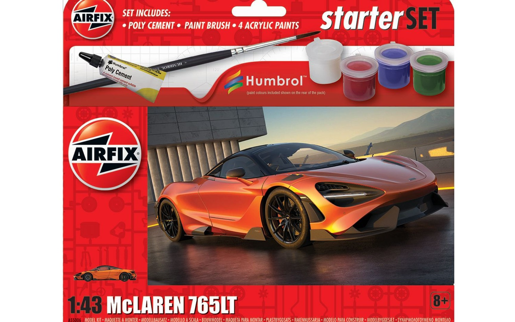Zestaw modelarski Airfix McLaren 765LT z cementem, pędzlem i farbami.