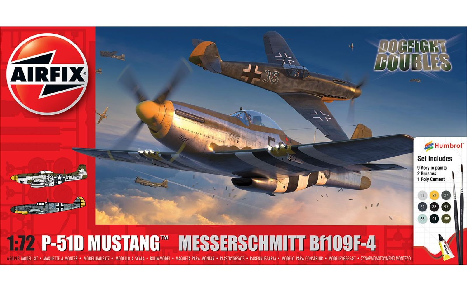 Zestaw modelarski Airfix z P-51 Mustang i Messerschmitt w locie.