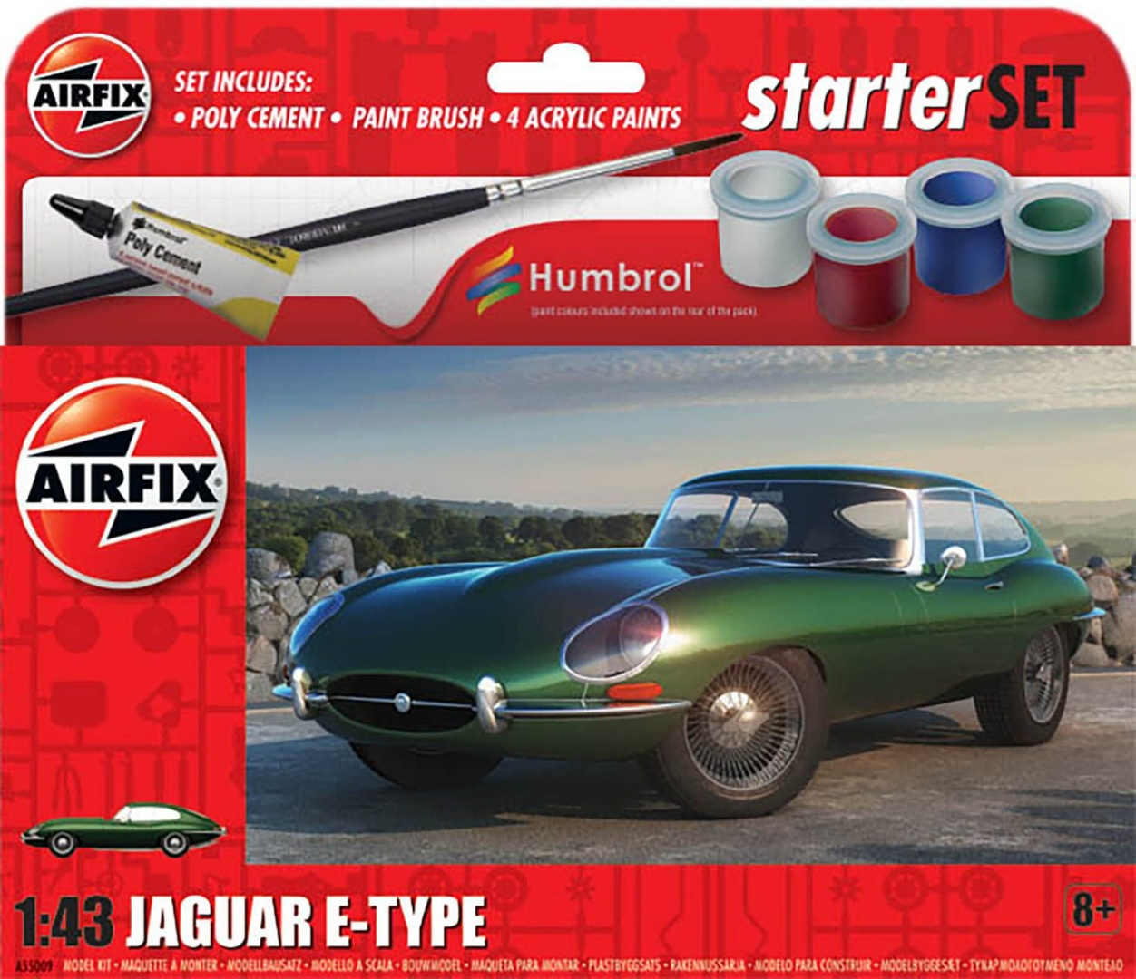 Zestaw Airfix Jaguar E-Type z cementem, pędzlem i farbami.