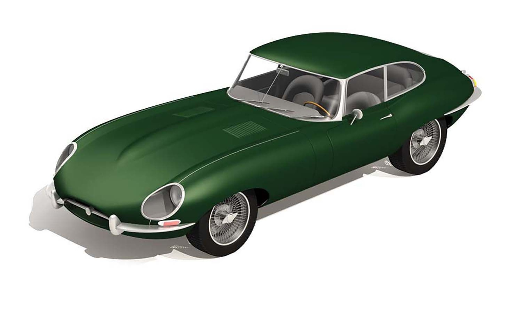 Ciemnozielone coupe Jaguara E-Type z kołami szprychowymi stoi na białej powierzchni.