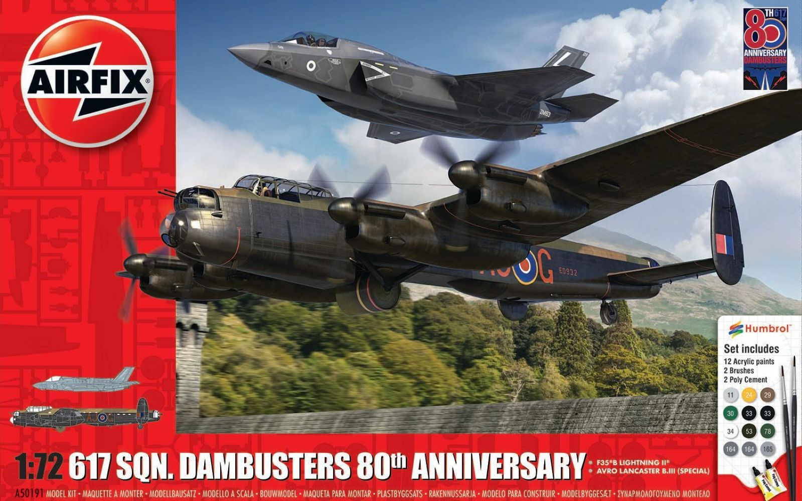 Nowoczesny myśliwiec stealth leci nad starym bombowcem Lancaster.