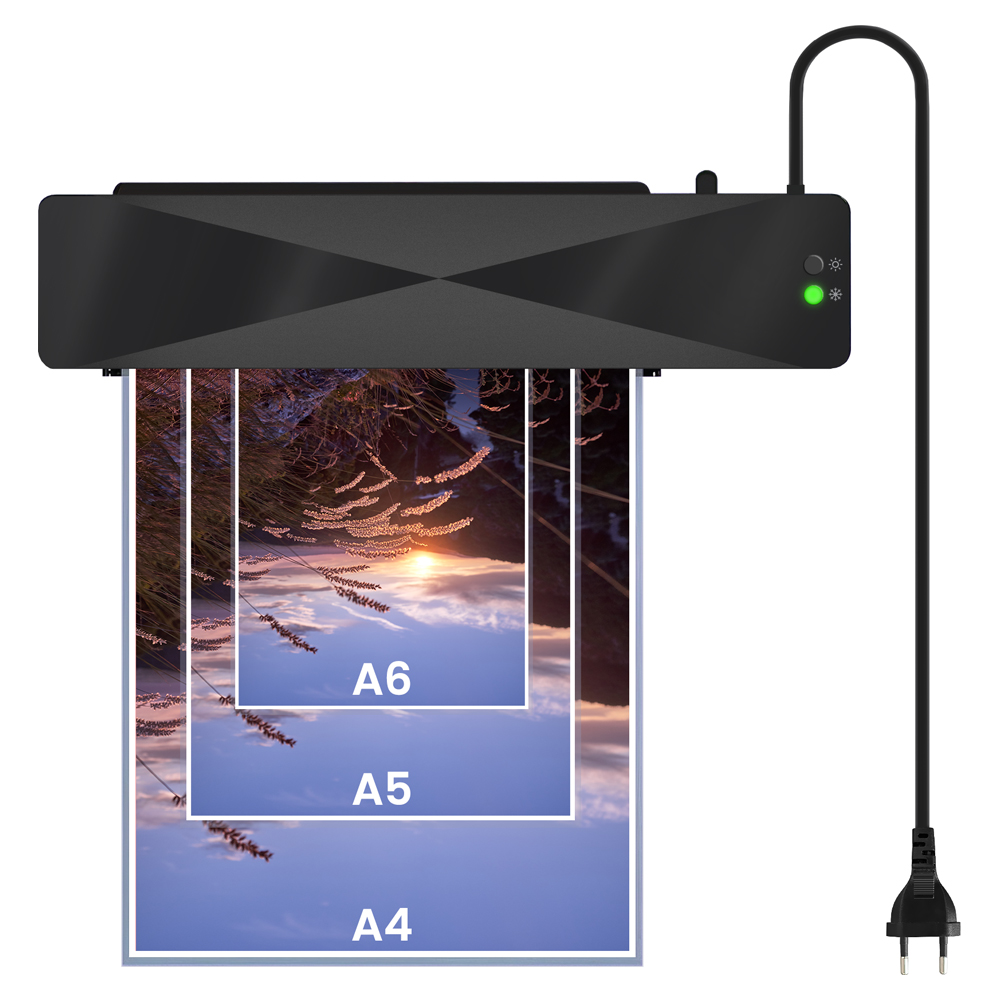 Czarna laminarka z kablem, wyprowadzająca obraz w rozmiarach A4, A5 i A6.