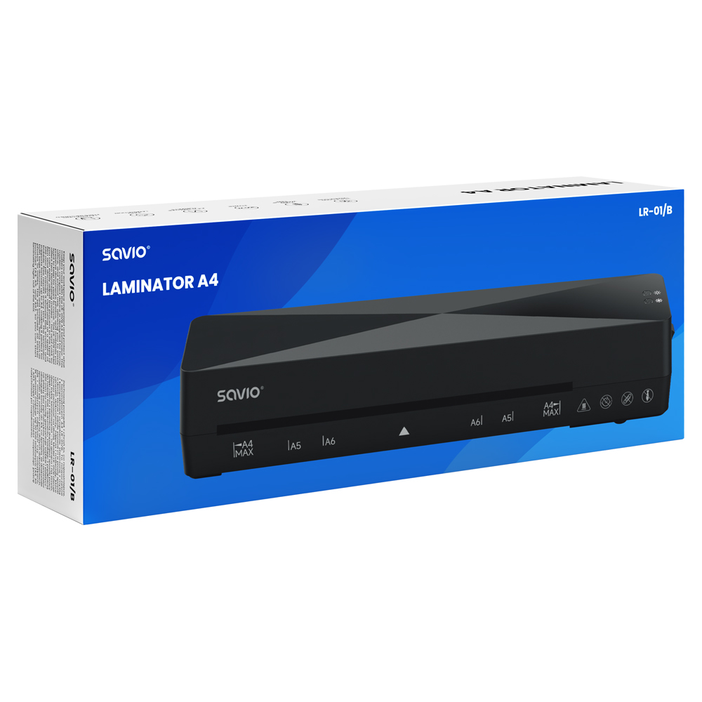 Czarna laminarka Savio A4 na niebieskim pudełku z oznaczeniami rozmiarów A4, A5 i A6.