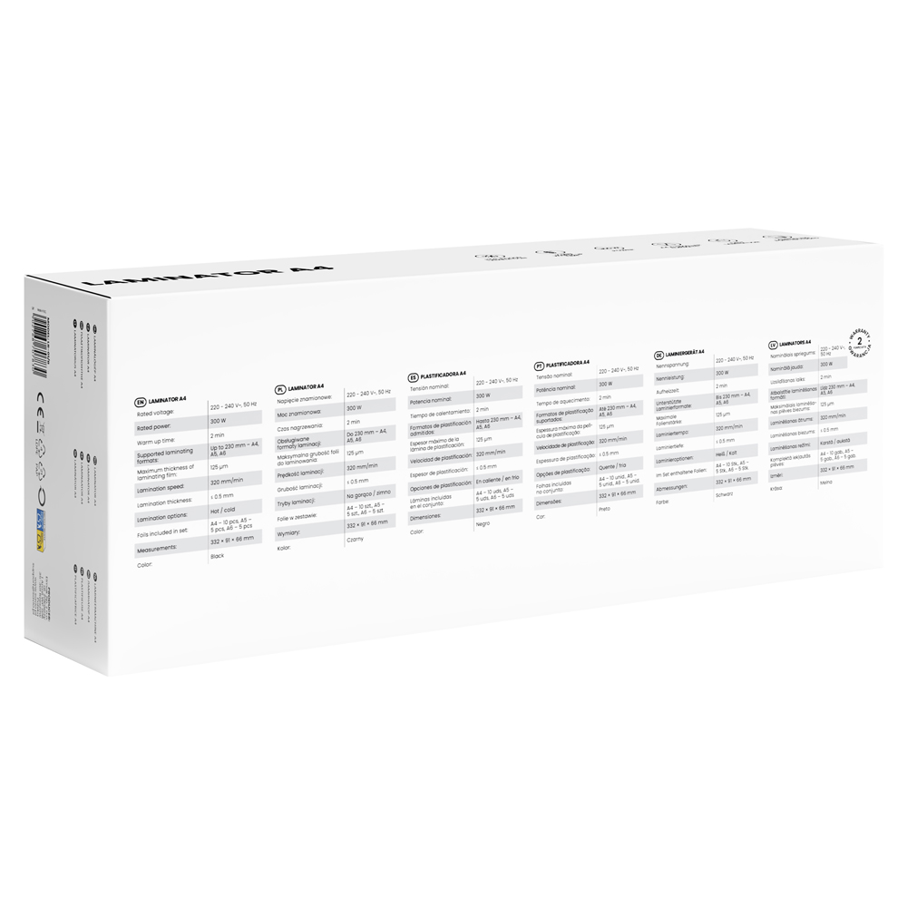 Biała laminarka z wielojęzycznymi specyfikacjami na panelu przednim.