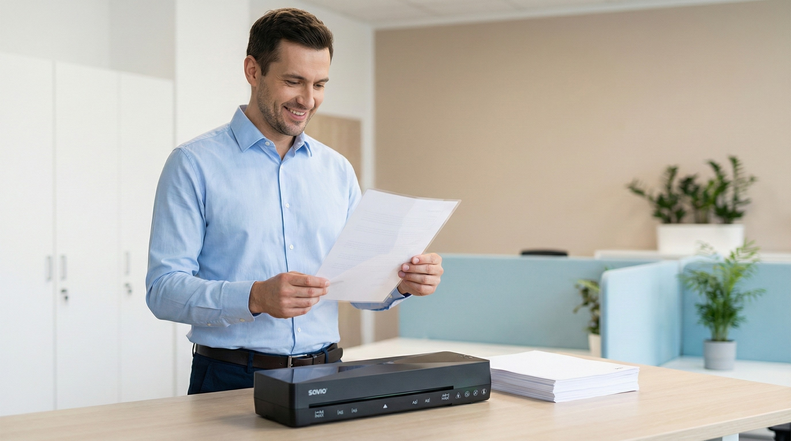 Uśmiechnięty mężczyzna w niebieskiej koszuli ogląda dokument obok laminatora i stosu papieru.