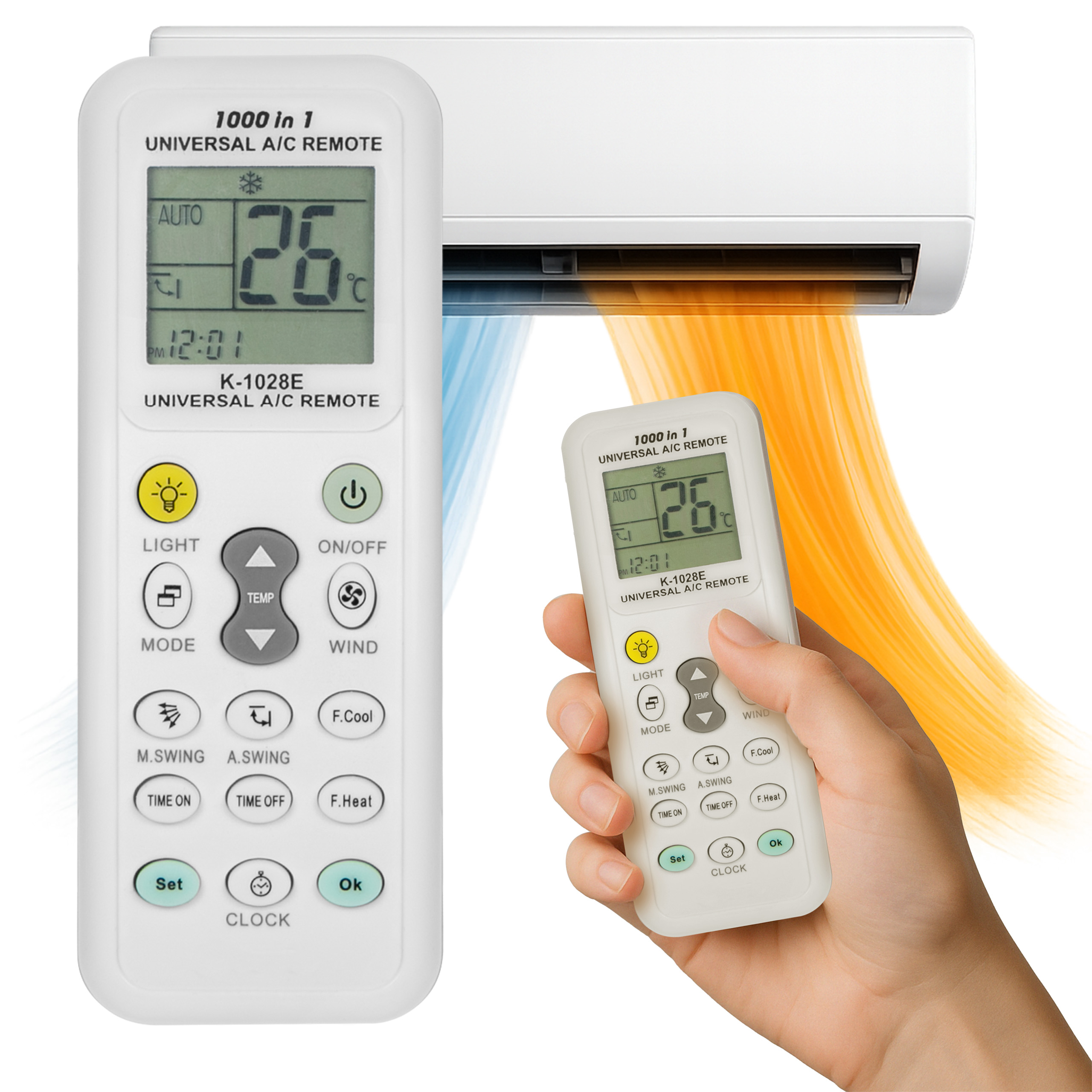 Pilot klimatyzacji z wyświetlaczem pokazującym 26 stopni, trzymany w dłoni.