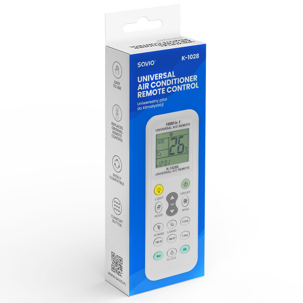 Opakowanie uniwersalnego pilota do klimatyzatora Savio K-1028.