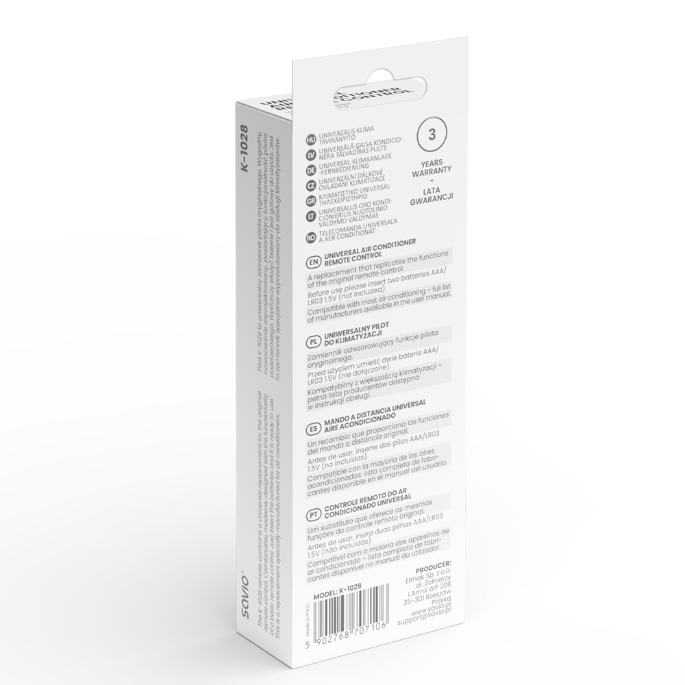 Opakowanie uniwersalnego pilota do klimatyzacji z logo i tekstem.