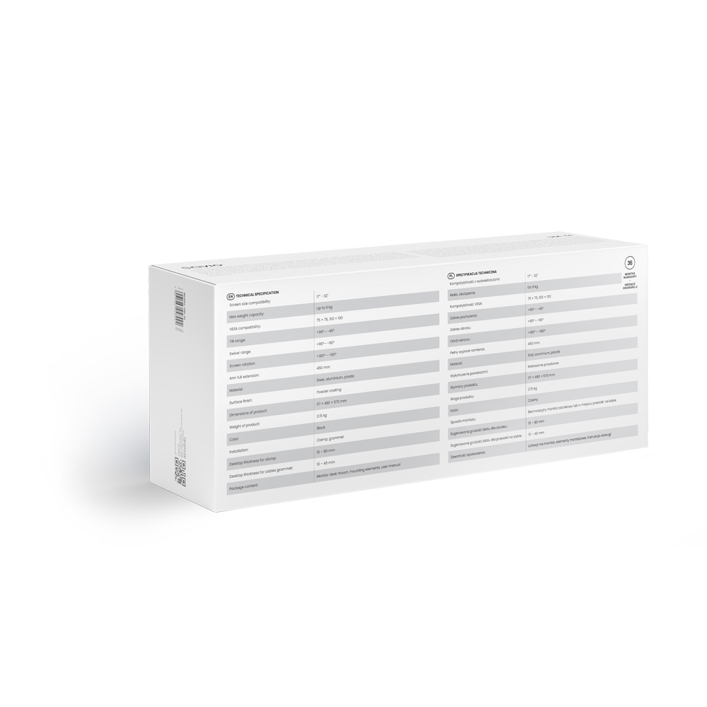 Specyfikacja techniczna ramienia monitora: waga, VESA, wymiary, kolor, materiał i zawartość.