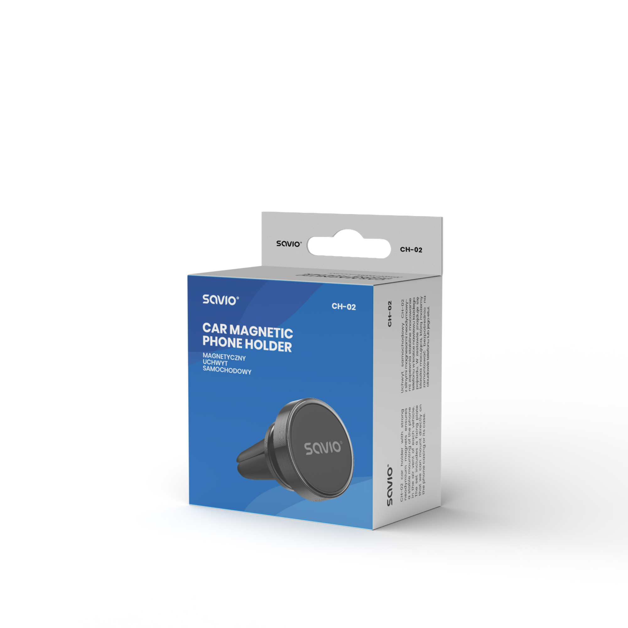 Opakowanie czarnego samochodowego uchwytu magnetycznego Savio CH-02 z wizerunkiem produktu.