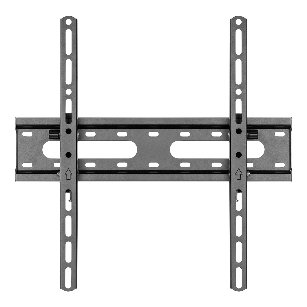 Szary uchwyt ścienny do telewizora z regulowanymi ramionami i otworami montażowymi.