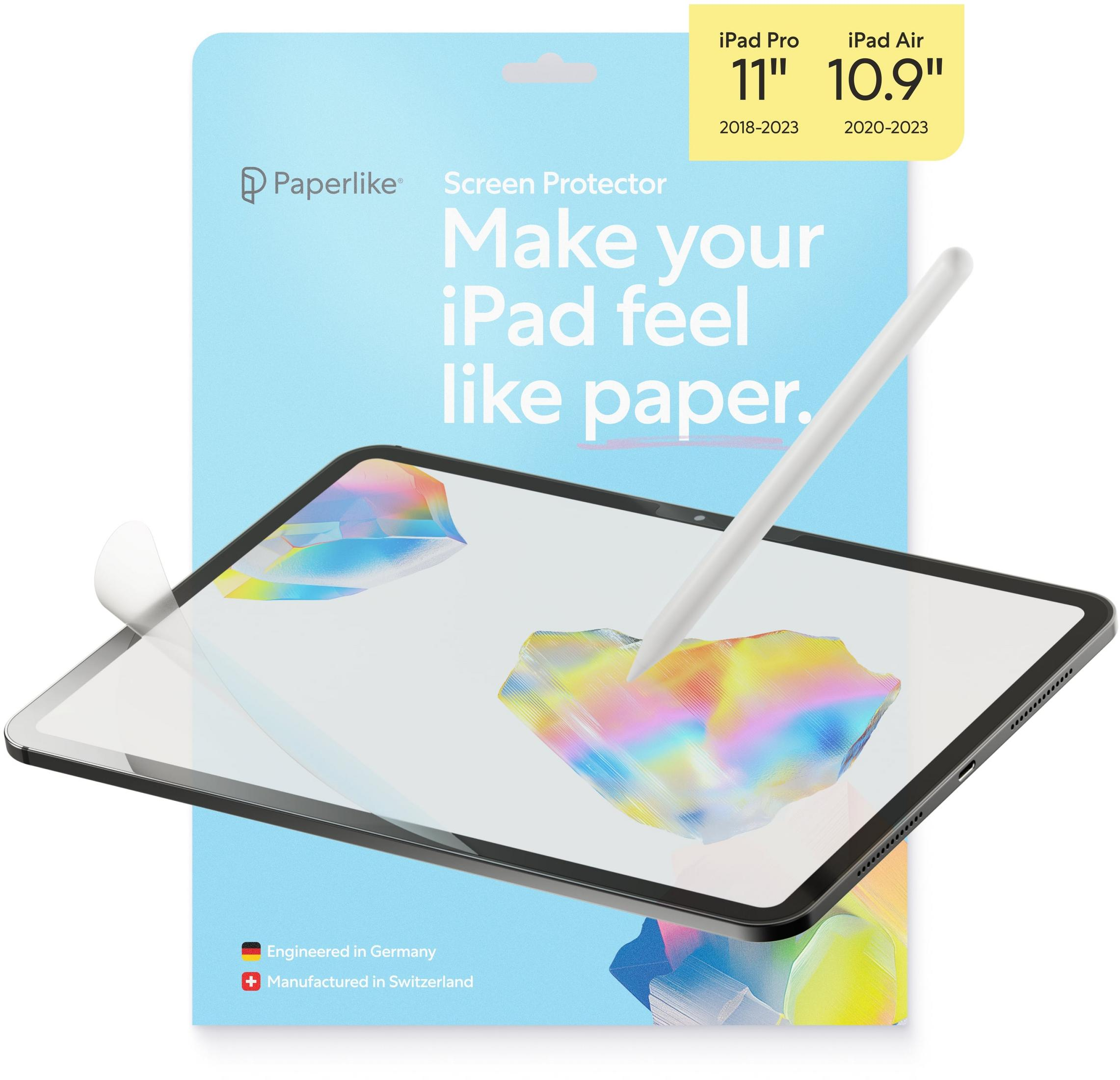Protezione schermo iPad Paperlike con pennino su sfondo blu.