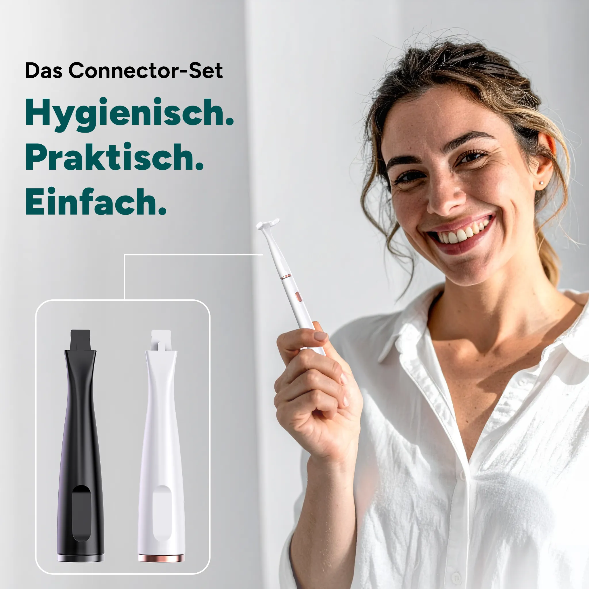 Eine Frau hält ein weißes Mundhygiene-Gerät. Daneben sind schwarze und weiße Geräte abgebildet.