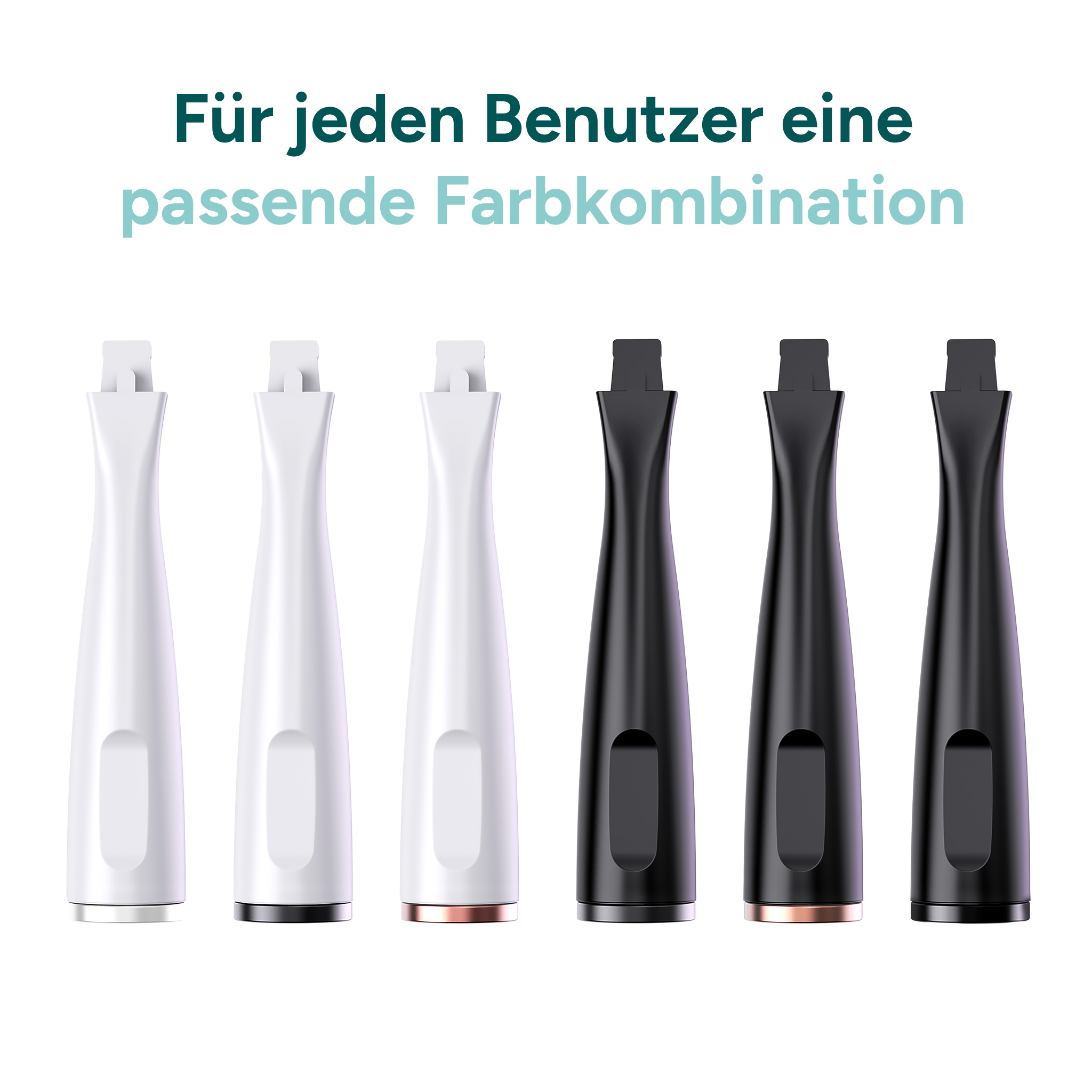 Drei weiße und drei schwarze Griffe mit unterschiedlichen Akzenten nebeneinander.