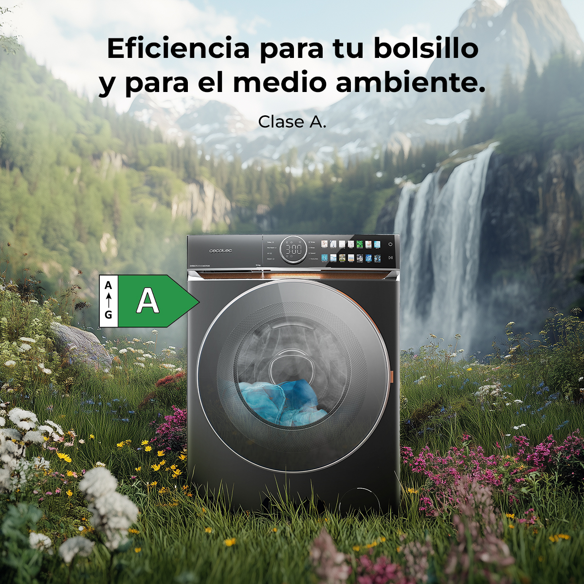 Lavatrice classe A in prato fiorito davanti a una cascata. Efficienza per tasca e ambiente.