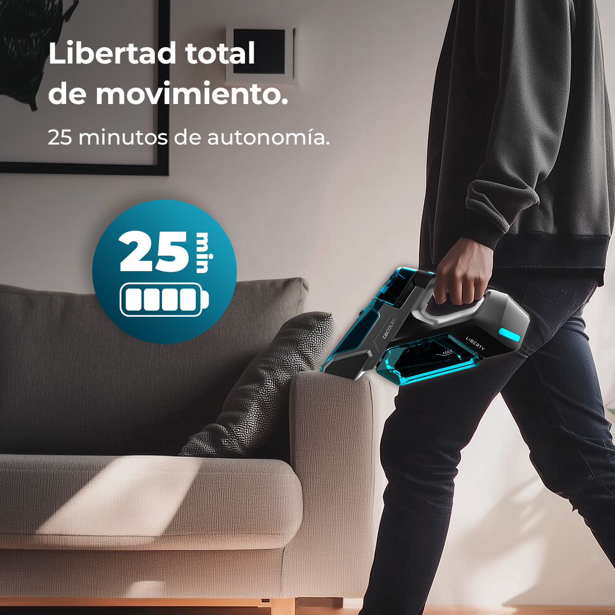 Persona sosteniendo aspiradora sin cable; indicador de batería 25 min.