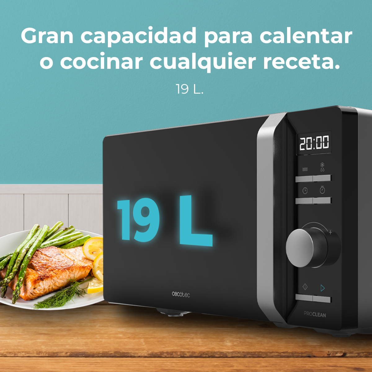 Un forno a microonde nero con un filetto di salmone e asparagi su un piatto accanto.