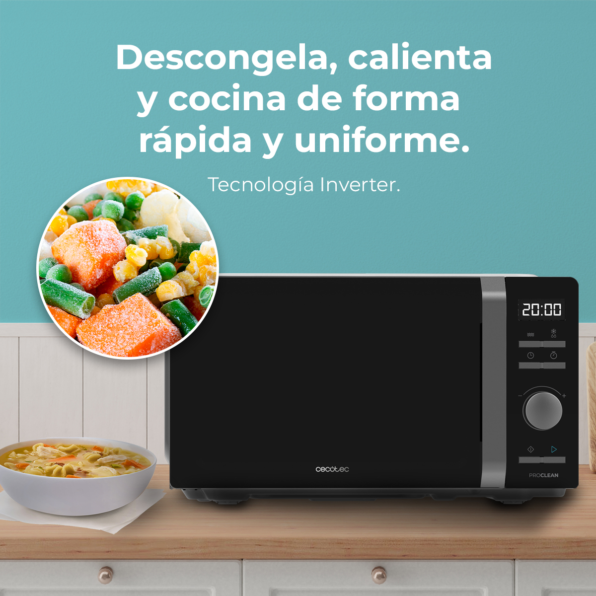 Forno a microonde nero con una ciotola di verdure surgelate e una ciotola di zuppa.