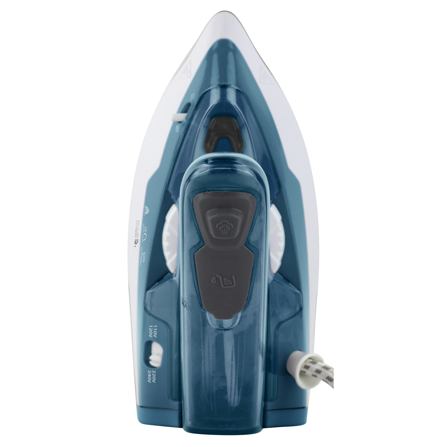 Parte superior de plancha de vapor azul y blanca con asas y cable.