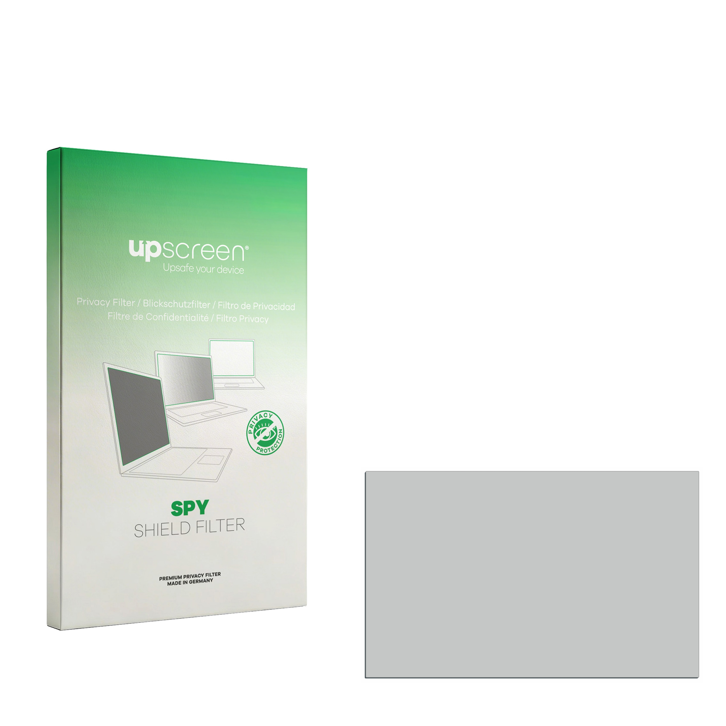 Verpackung für einen Sichtschutzfilter mit Laptop-Grafiken und dem Text 'SPY SHIELD FILTER'.
