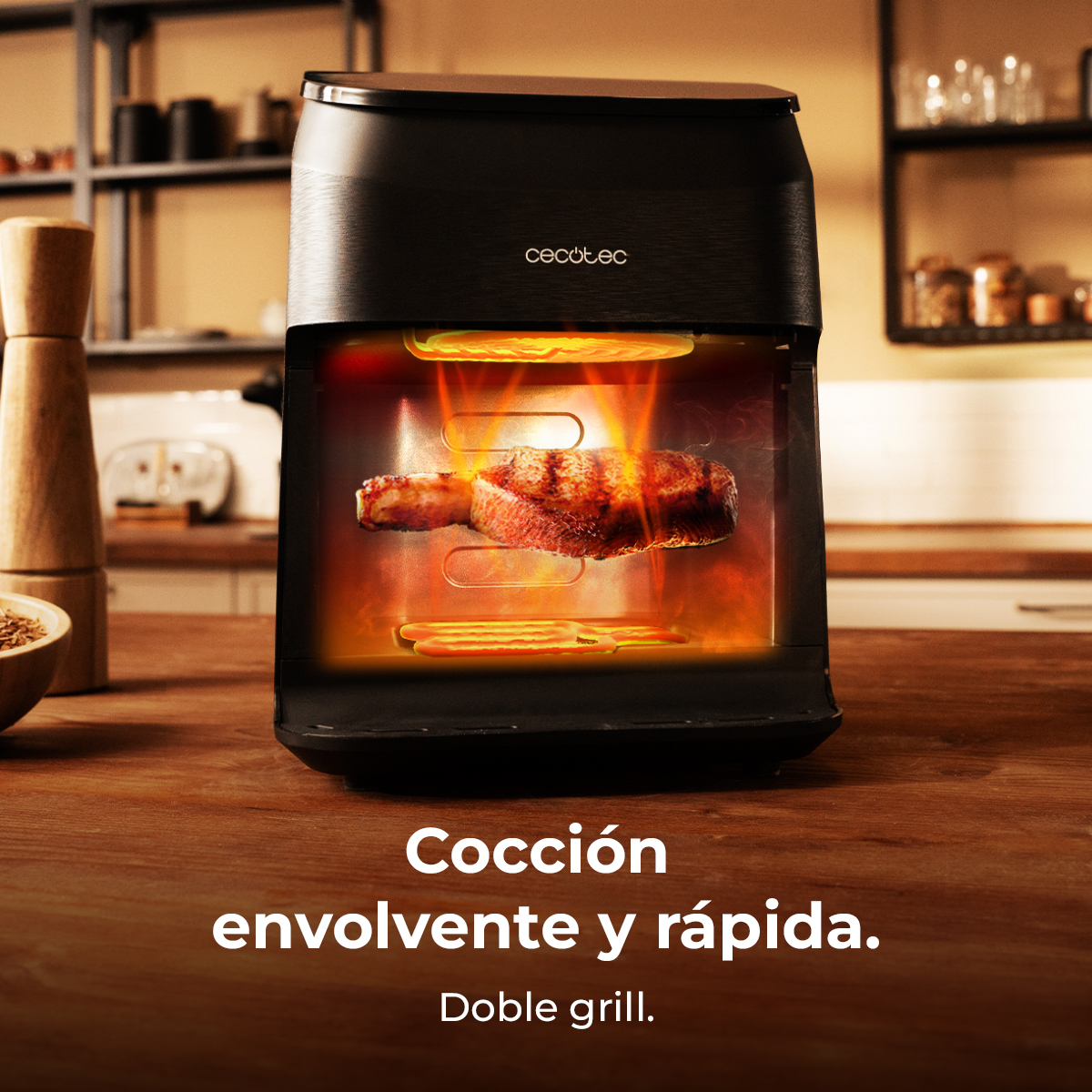 A black air fryer is cooking a steak with flames and heat radiating.