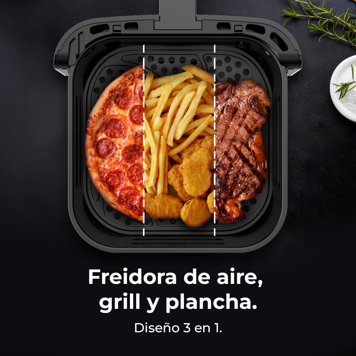 Frytkownica z pizzą, frytkami, nuggetkami i stekiem. Wzór 3 w 1.