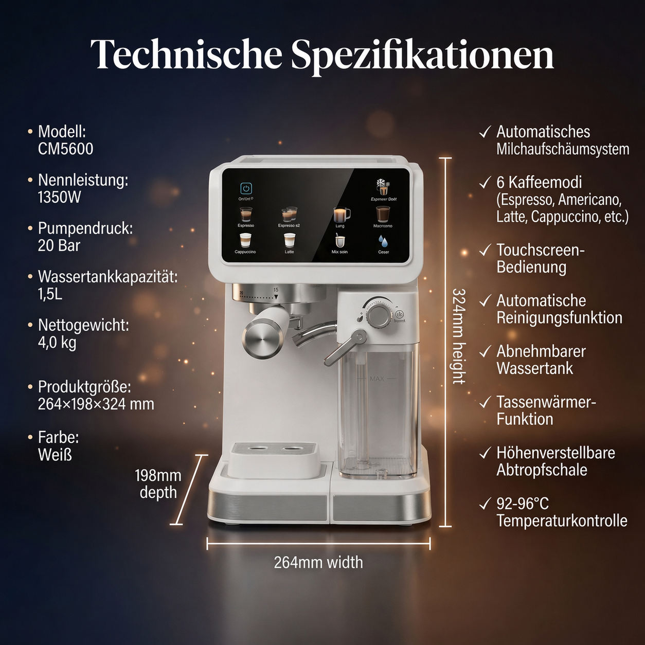 Weiße Kaffeemaschine mit Touchscreen, zeigt technische Daten und Funktionen an.