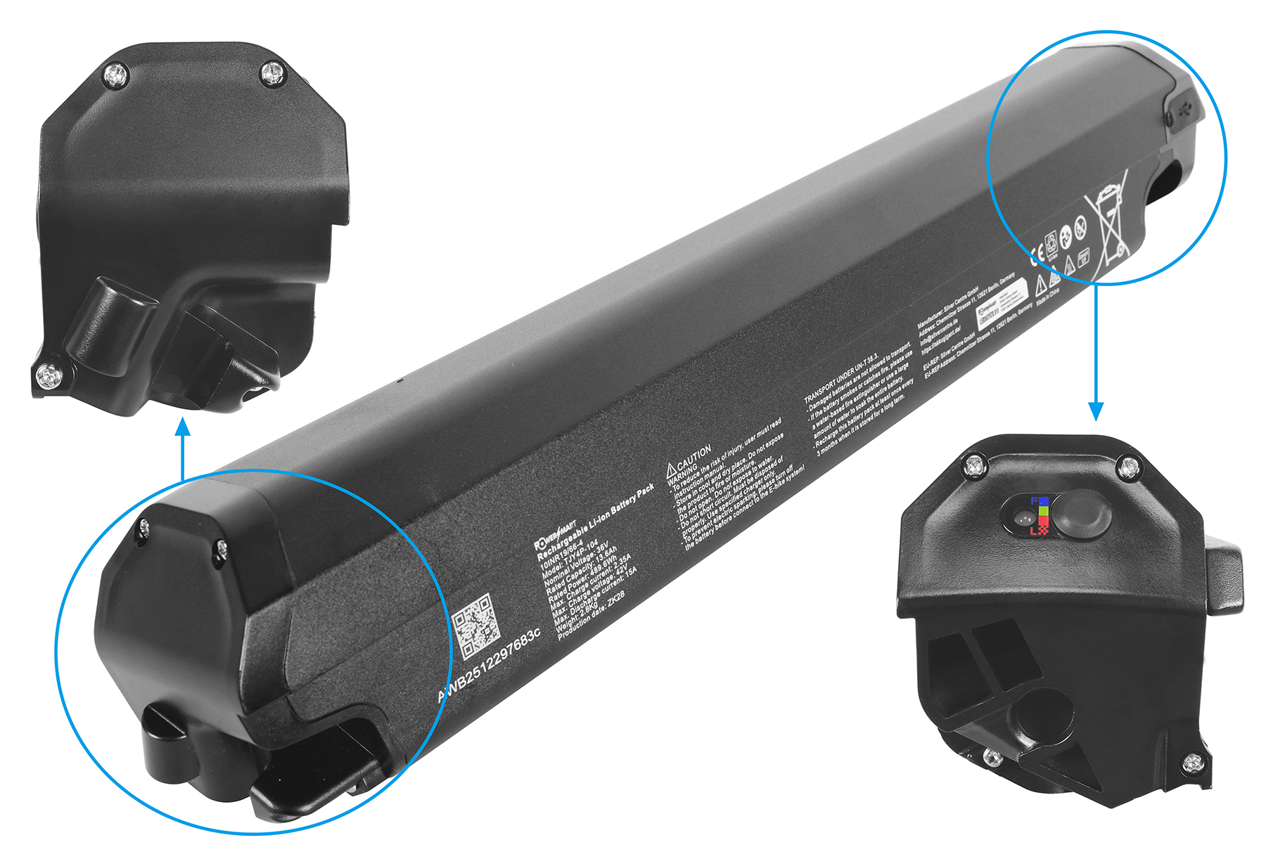 Schwarzer E-Bike-Akku mit Nahaufnahmen von Anschlüssen und Ladeanzeige.