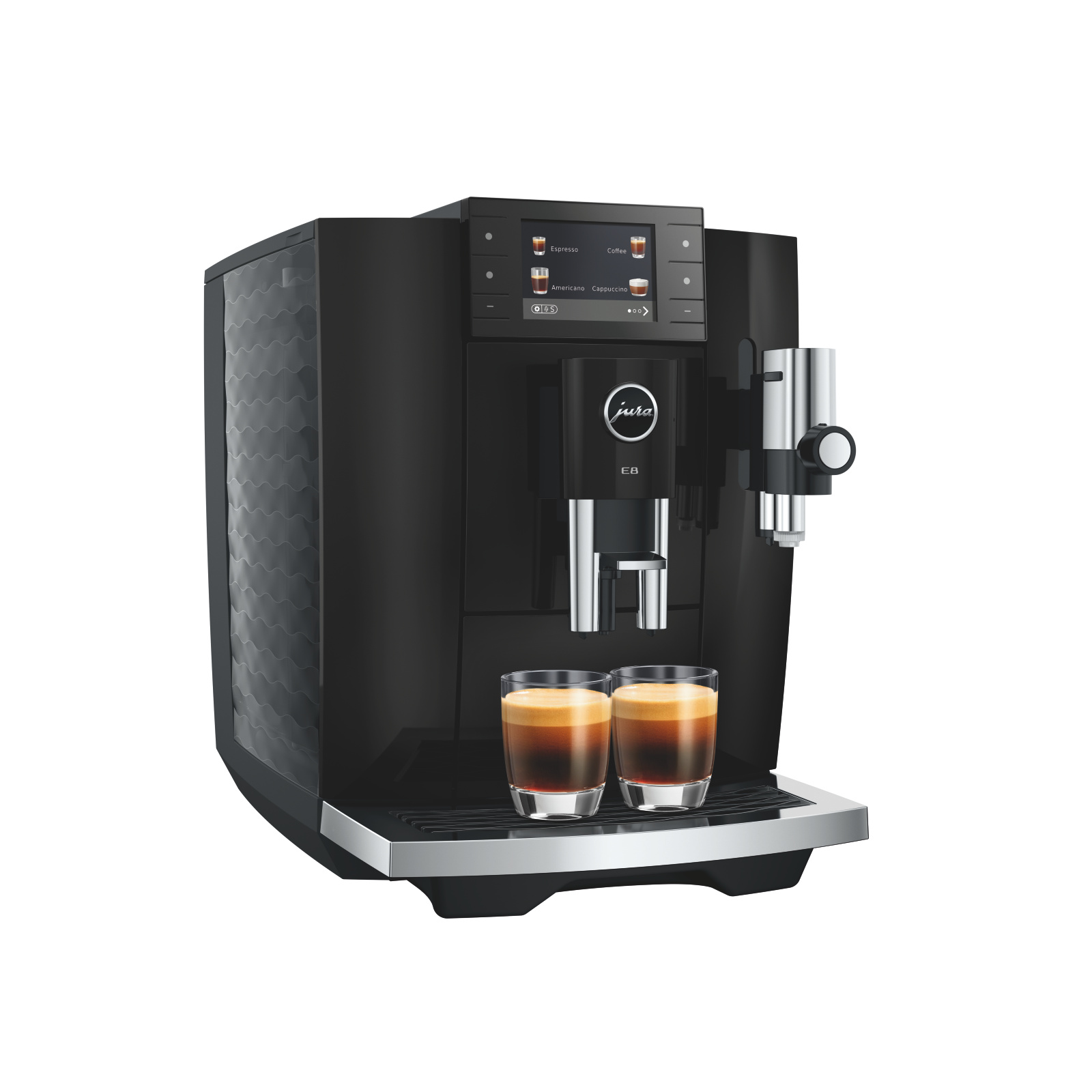 Macchina da caffè nera con due bicchieri di espresso, display touchscreen e montalatte.