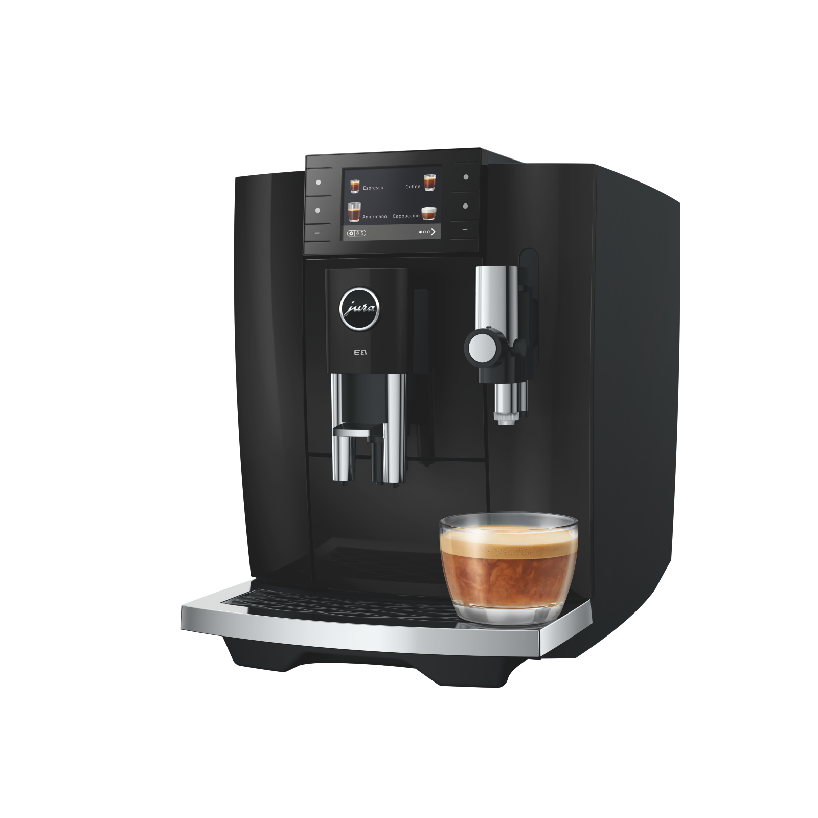Macchina da caffè nera con un bicchiere di caffè.