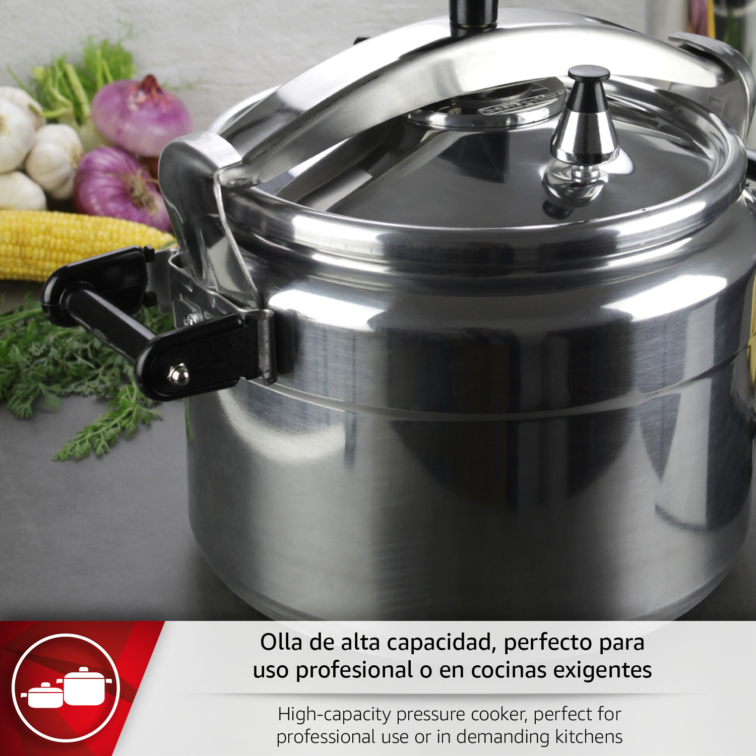 Una olla a presión grande de metal con verduras al fondo.