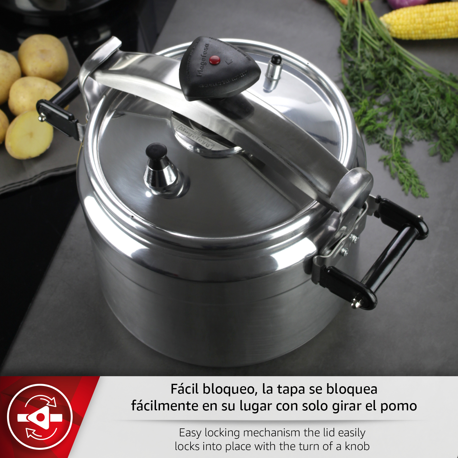 Una olla de acero inoxidable con asas y válvula en la tapa. Patatas y verduras al fondo.