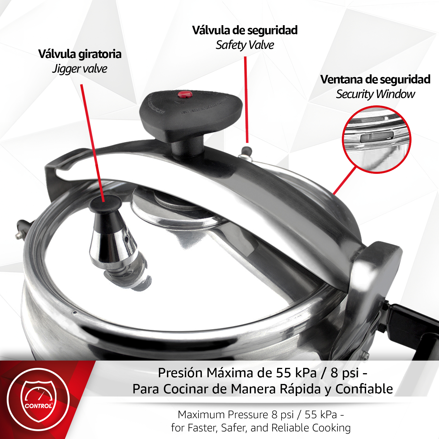 Tapa de olla a presión con válvula de seguridad, válvula giratoria y ventana.
