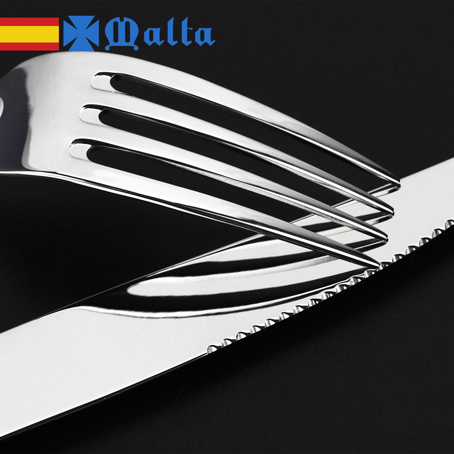 Bandera española junto a texto de Malta, tenedor y cuchillo sobre fondo negro.