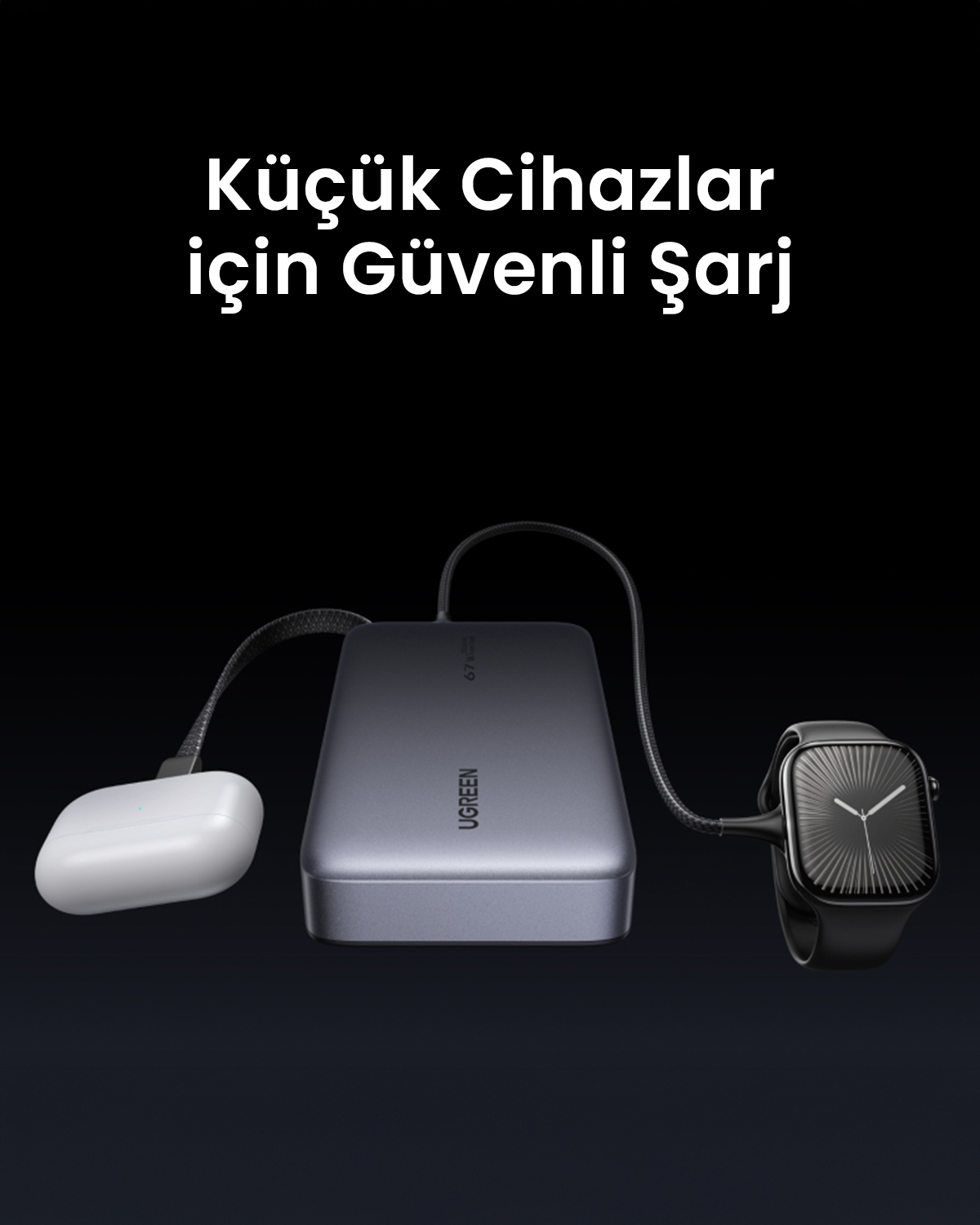 Szary power bank ładuje białe słuchawki i czarny smartwatch.