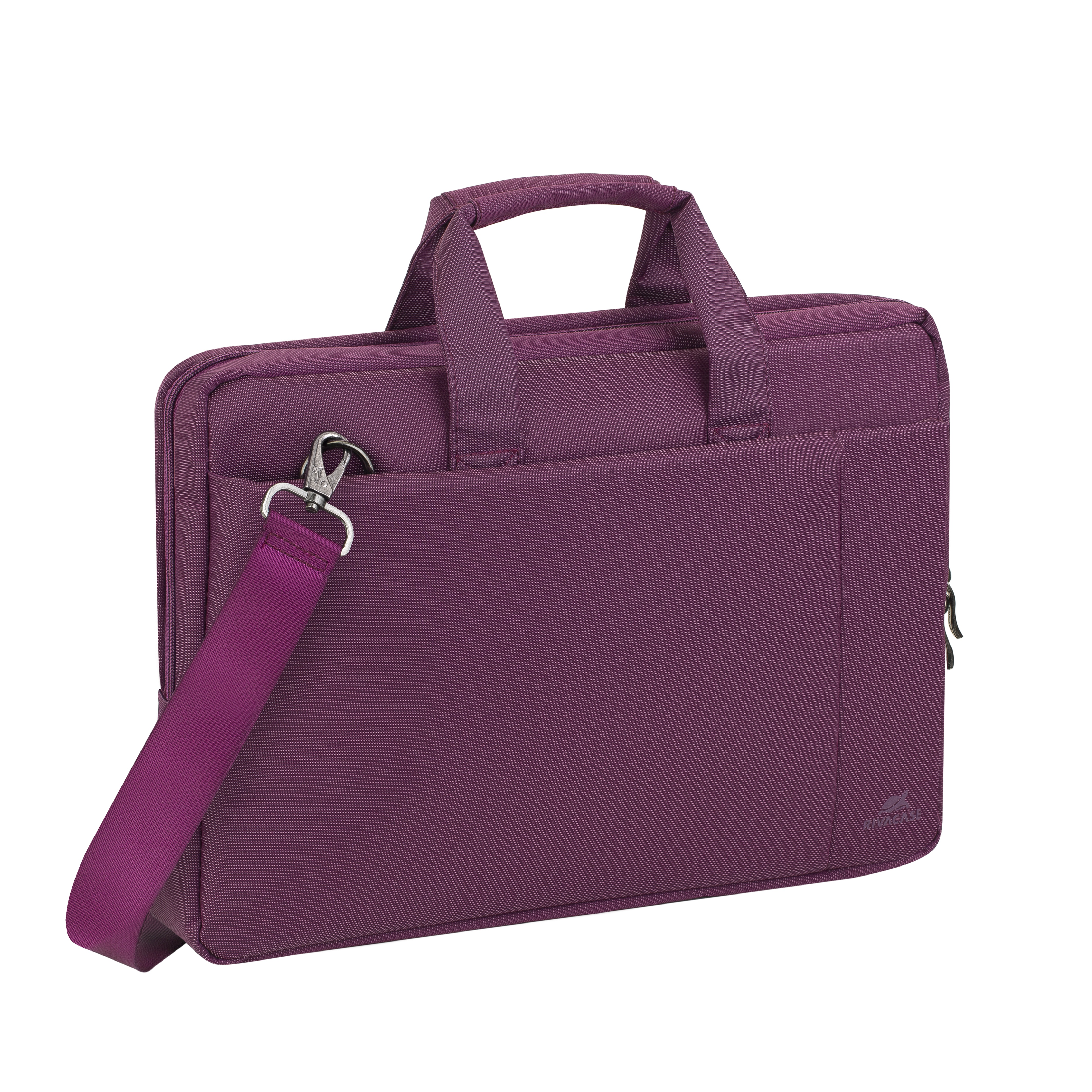 A purple laptop bag with handles and a shoulder strap, on a white background.