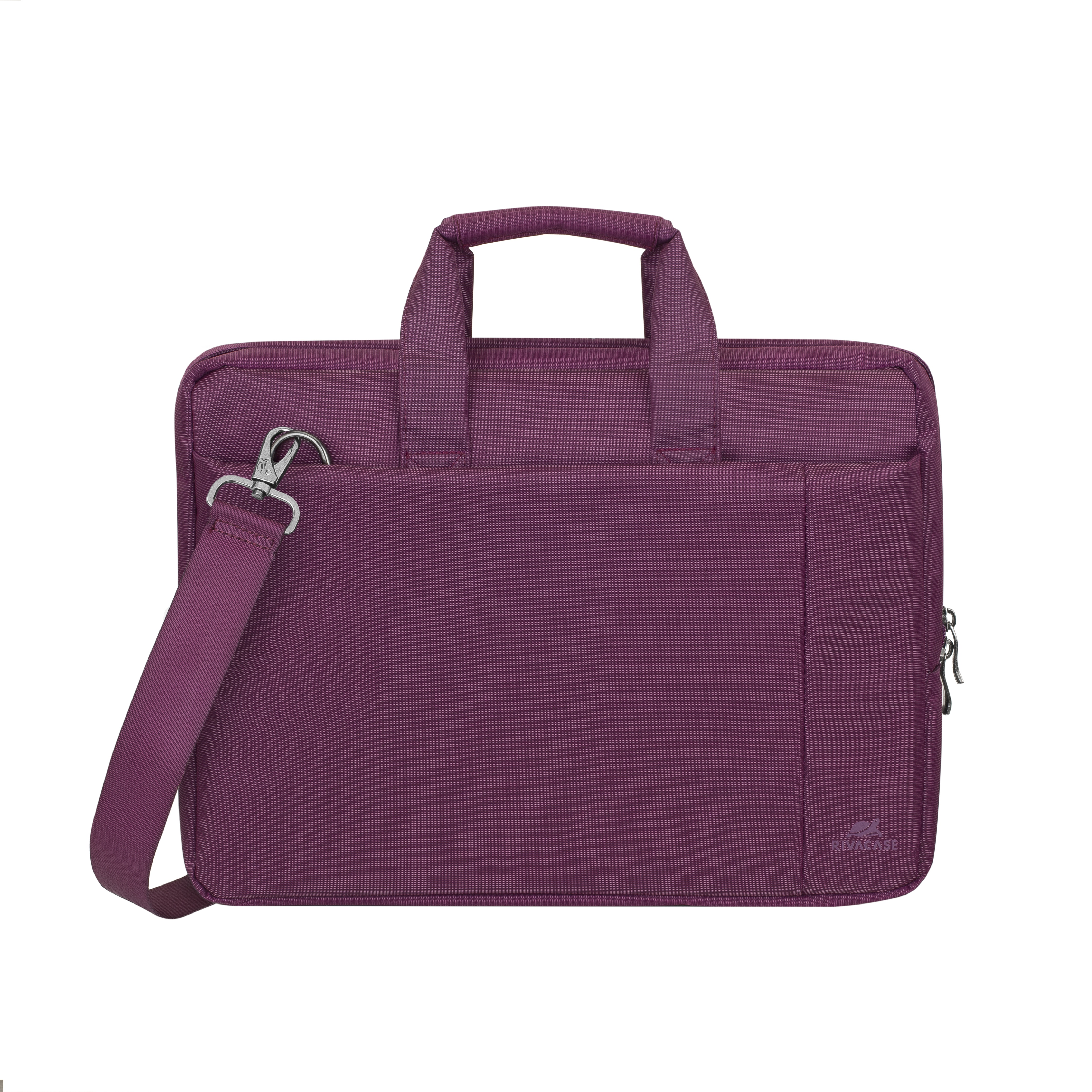 A purple laptop bag with handles and a detachable shoulder strap.
