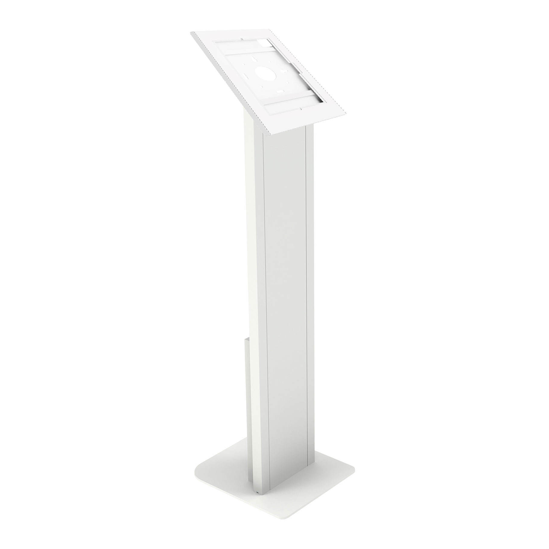 Un support blanc avec une section supérieure inclinable pour une tablette ou un écran.