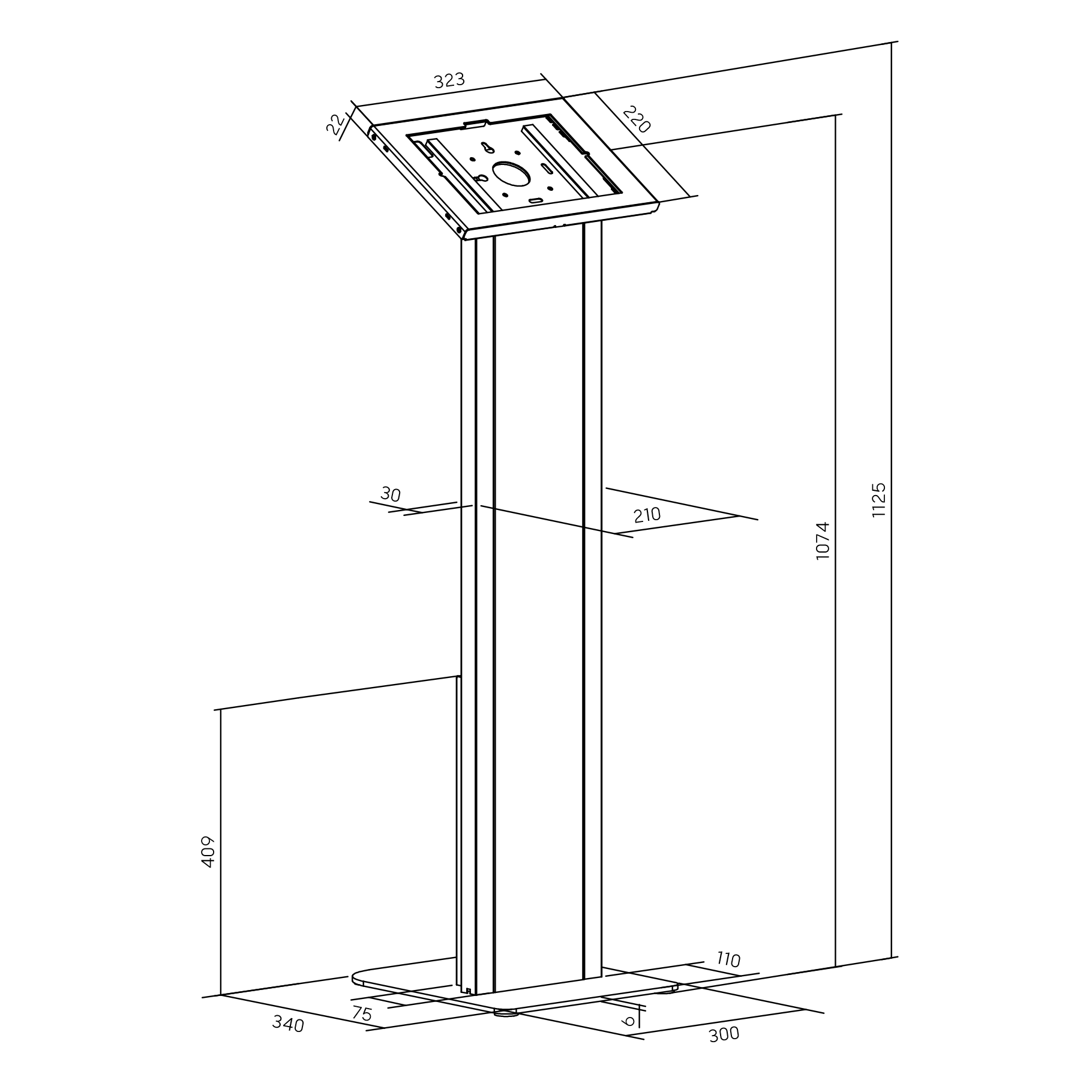 Dibujo técnico de un soporte plateado con dimensiones.