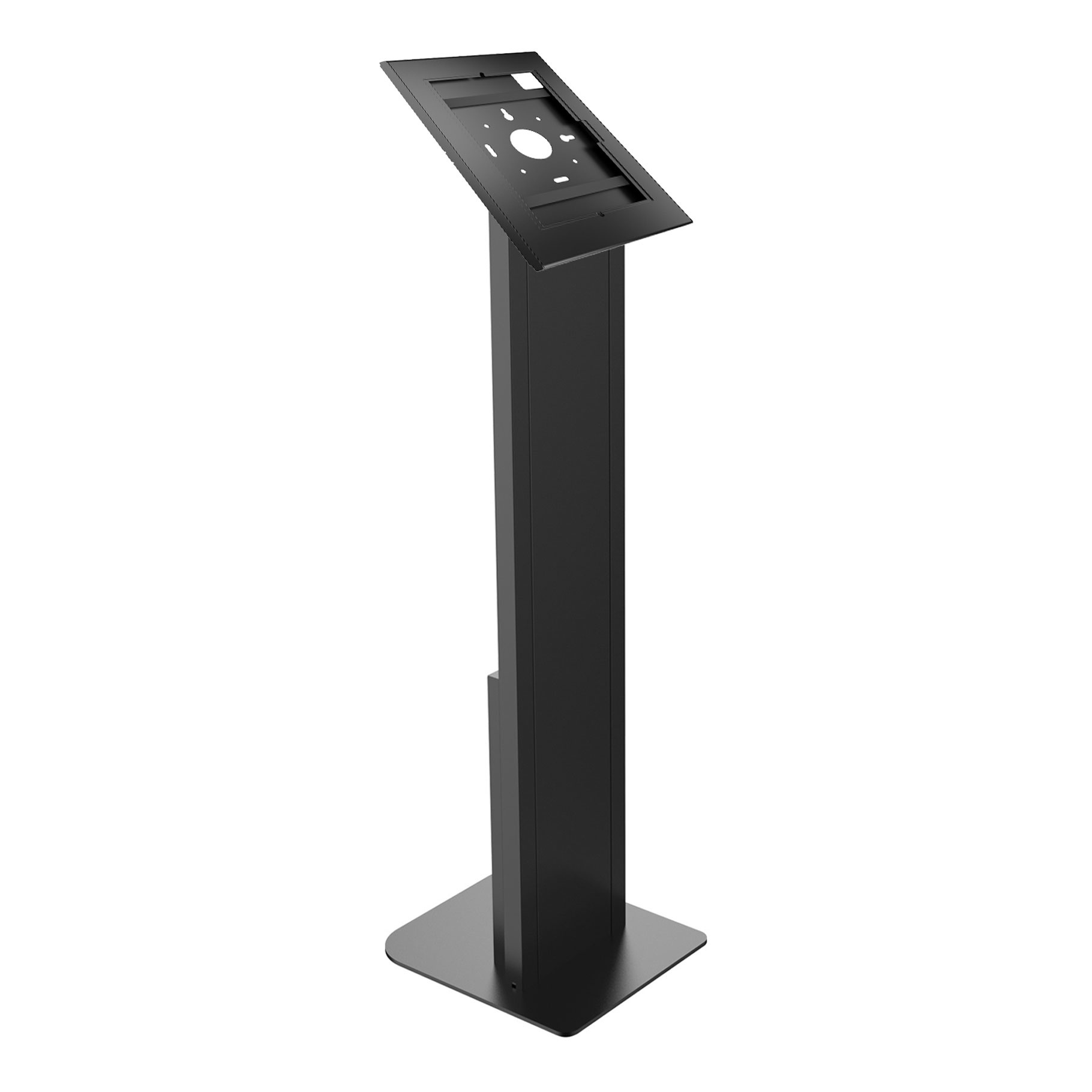Un soporte negro con soporte para tableta, aislado sobre fondo blanco.