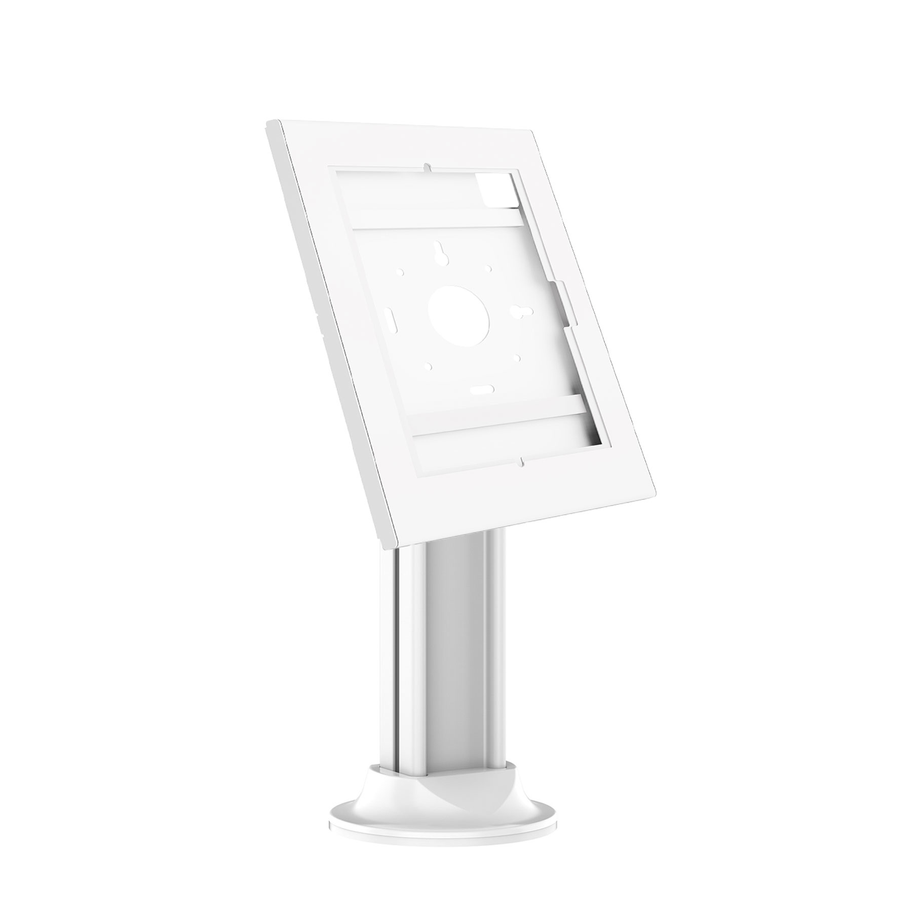 Un soporte blanco para tablet con cuello ajustable y base redonda.