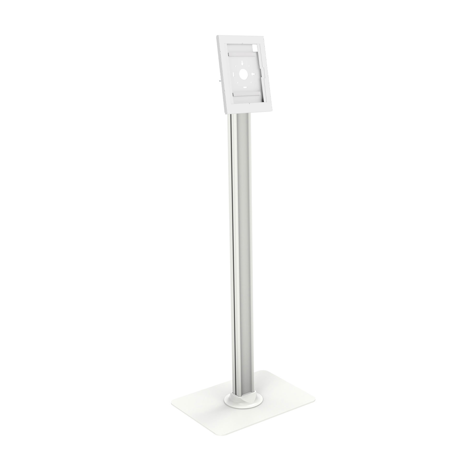 Un soporte blanco para tableta sobre una base blanca con un poste delgado.