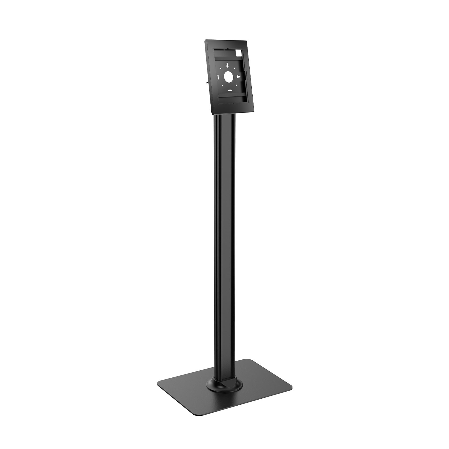 Un soporte negro para tableta con base y poste rectangulares.